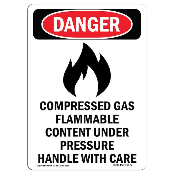Safety Sign, OSHA Danger, 5" Height, Compressed Gas Flammable, Portrait, 10PK
